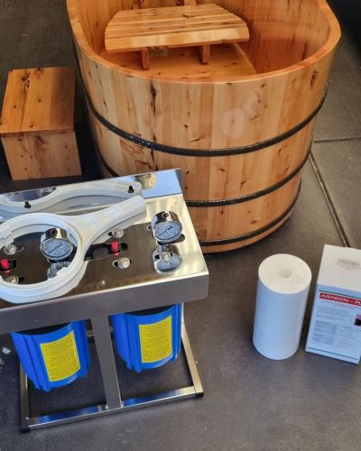 Cold Plunge Filters – Blue 10” x 4.5” ¾” ports – Twin Complete with SS stand (including Sediment Filter)